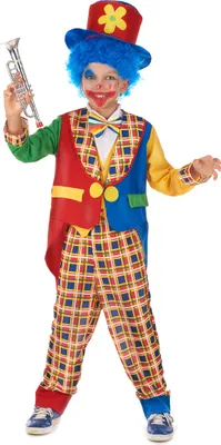 A child wearing a colorful clown costume and holding a toy trumpet.