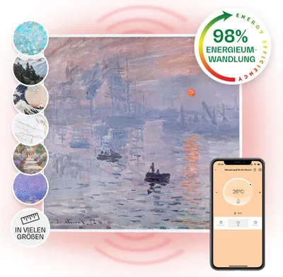 Produktbild von Klarstein Infrarotheizung mit Thermostat, 350W Elektroheizung, Smart Home Bild-Infrarotheizung zur Wandmontage, IR mit IoT/WiFi App-Control, Feuchtraum Heizkörper CO2-Frei, Elektro Wand Heizung 60x60