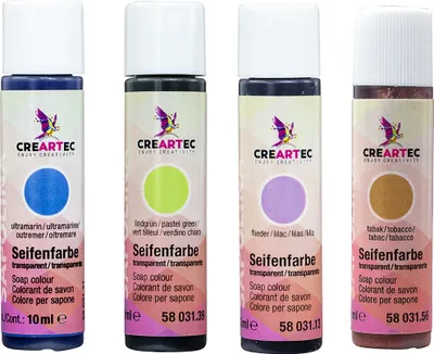 Produktbild von CREARTEC Seifenfarben Transparent 4er Set (Flieder, Ultramarin, Lindgrün, Tabak) 40ml - Inhalt jeweils 10ml - zum Herstellen farbiger Seifen