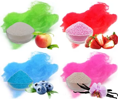 Produktbild von Aromazucker für bunte Zuckerwatte 4 x 250 g mit Geschmack Apfel Erdbeer Heidelbeere Vanille Farbaromazucker Zucker für die Zuckerwattemaschine