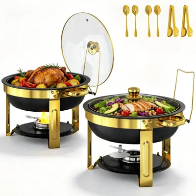 2 runde Chafing Dishes 5QT, schwarze Maifanit-Beschichtung, Buffetset