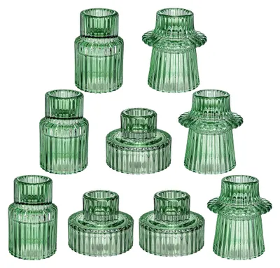 Produktbild von Glas-Kerzenhalter, Set mit 9 grünen Teelichthaltern, 3 Designs, für formelle Anlässe, Tischdekoration, Hochzeit, Abendessen, Kirche, Feierlichkeiten und Feste