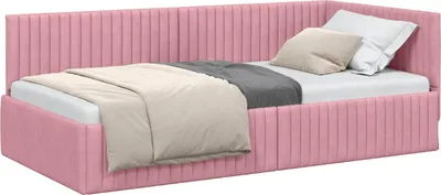 A pink corner bed frame with bedding.