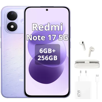 Obrázok produktu pre Xiaomi REDMI Note 17 5G, smartfón, 6,99 palca, 7700 mAh, 6 GB / 256 GB, fialová (s nabíjačkou 67 W a Bluetooth slúchadlami), Obrázok generovaný UI