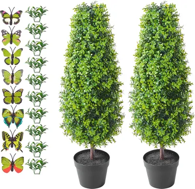 Zdjęcie produktu dla SucceBuy 36-calowy sztuczny bukszpan topiary, 2 sztuki. Sztuczne drzewko topiary z dodatkowymi liśćmi, doniczką i małą dekoracją. Chroniony przed promieniowaniem UV zestaw do dekoracji wewnątrz i na zewnątrz.