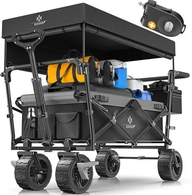 Produktbild von Famanu Handwagen mit Dach für Transport - bis 80 kg, Gummireifen, inkl. 2x Gurtsystem