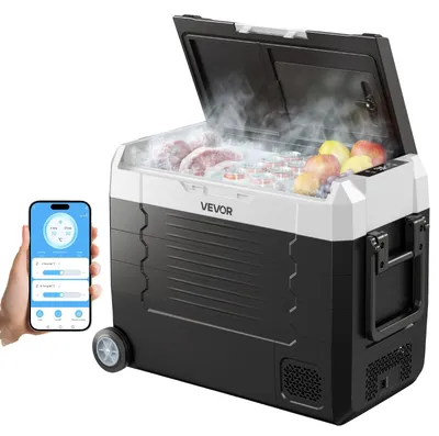 Immagine prodotto di Frigorifero portatile a compressore VEVOR 12/24 V CC 100–240 V CA, frigorifero da auto da 45 L con controllo tramite app, ruote e 2 zone di temperatura (da -20 °C a 20 °C), frigorifero portatile per camper, barche, campeggio e pesca