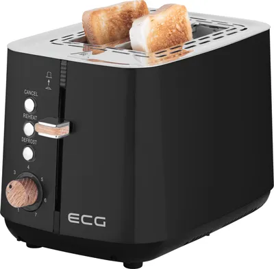 A black toaster with two slices of toast in it, set against a white background.
