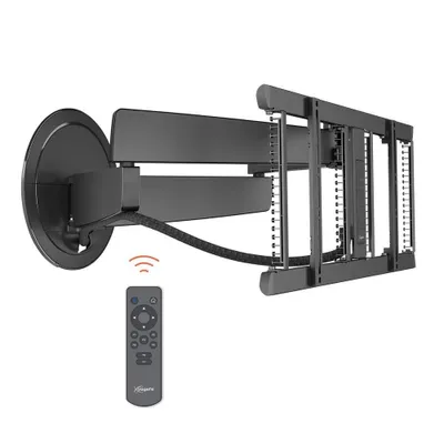 A black electric TV wall mount with a remote control is shown against a white background.
