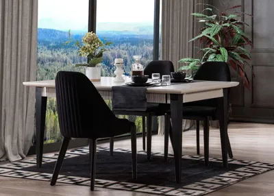 Produktbild von Stilvolle Esszimmer Möbel Designer Weißer Esstisch 4x Schwarze Essstühle