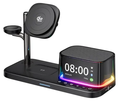 Obrázek produktu pro C09Plus 5v1 magnetická nabíječka Qi 2.2, 25W rychlonabíječka s hodinami a Bluetooth reproduktorem pro iPhone 17, 16, 15 Pro Max, Apple Watch a AirPods, černá