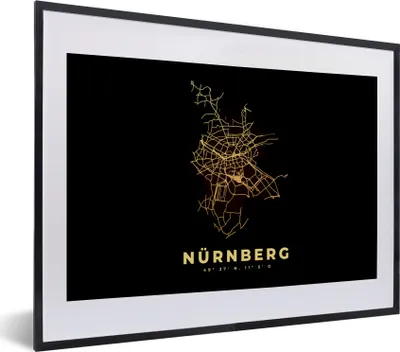 Produktbild von MuchoWow® Gerahmtes Poster Nürnberg - Karte - Gold - Stadtplan - Karte 40x30 cm - Poster mit Schwarzem Bilderrahmen Wandposter Rahmen Foto Bilder - Bilderrahmen - Poster im Rahmen