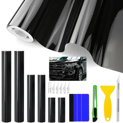 Image de 6 rouleaux de film adhésif pour automobile, vinyle noir brillant, sans bulles, de 10 cm à 30 cm de largeur et 150 cm de longueur