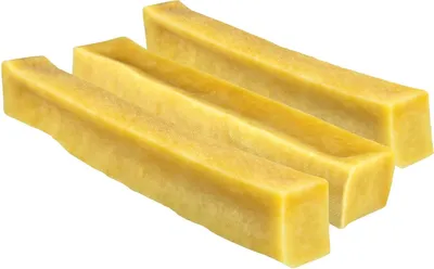Three pieces of dog chew toy arranged diagonally on a white background.