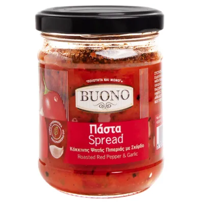 BUONO Paprika Knoblauch Paste 200 g Glas auf weißem Hintergrund