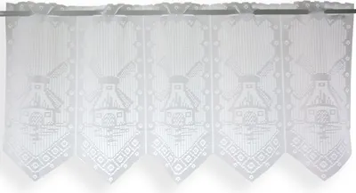 A white lace curtain with a windmill pattern.