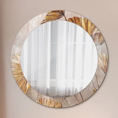 Produktbild von Runder Spiegel mit Modernem Aufdruck - Dekospiegel Wandmontage -golden Blätter- Ø70cm