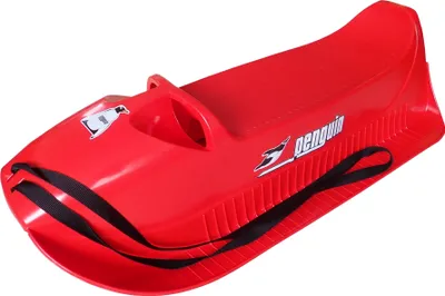 A red plastic sled with black straps and branding.