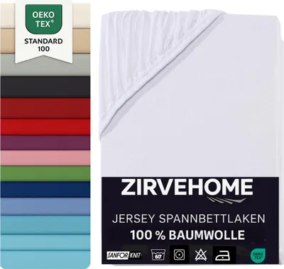 A white jersey fitted sheet is shown diagonally, with a swatch of multiple colored fabrics on the left side and product information on the bottom right.
