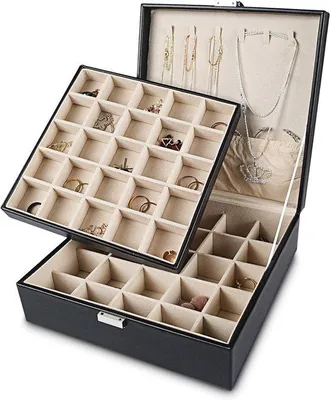 Produktbild von Premium Ohringhalter mit 50 Fächern - Schmuckbox für Ohrringe und Ketten - PolyurethanSchmucklager - Schwarz - 2 Ebenen - Schmuckorganisation
