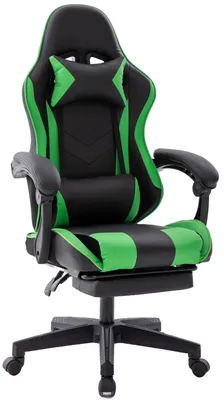 A black and green gaming chair with a headrest and footrest is shown against a white background.