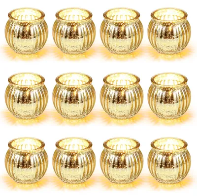 Productafbeelding van Set van 12 glazen theelichthouders, gouden kaarshouders voor bruiloften en verjaardagsfeesten