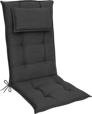 A dark gray high-back chair cushion with a headrest, shown from a diagonal angle against a white background.