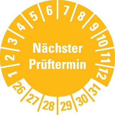 Produktbild von Dreifke® Prüfplakette Nächster Prüftermin 26-31, gelb, Schachbrettfolie, Ø 30...
