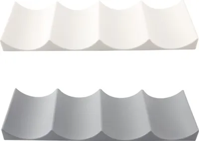 Two wavy plastic bottle holders, one white and one gray, are shown against a white background.
