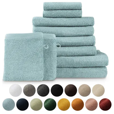 Zdjęcie produktu dla Zestaw ręczników frotte premium Blumtal z pętelkami do zawieszania - bawełna z certyfikatem Oeko-TEX, miękka, bardzo chłonna - 2 x ręcznik kąpielowy, 2 x ręcznik do rąk, 2 x ręcznik dla gości, 2 x flanela, jasnoniebieski