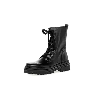 A single black lace-up boot is shown against a white background.