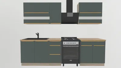 Produktbild von Küchenzeile 270 cm - Dunkelgrüne Küche - Mit Arbeitsplatte Lancelot Eiche - Einbauküche mit Metallbox Schubladen - Goldene Griffe - GLAMOUR B