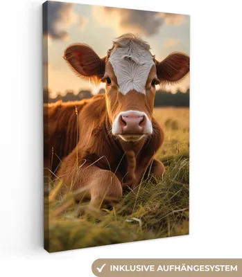 Produktbild von MuchoWow® - Leinwandbilder - Kuh - Tier - Wiese - Gras - Tiere - Natur, Wandbild, Wanddeko Bilder Wohnzimmer, 20x30cm