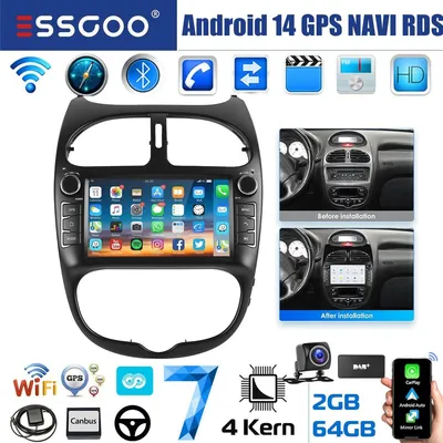 Obrázok produktu pre Autorádio pre Peugeot 206, 206CC, 206SW, modelové roky 2001-2008, s operačným systémom Android 14, 7-palcovým dotykovým displejom, GPS navigáciou, funkciami Carplay a Android Auto, podporou DAB+, Bluetooth, WiFi, s 2 GB RAM a 64 GB úložiskom, formát 2DIN