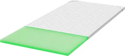 A mattress topper with a white textured top and a green bottom layer, shown at an angle on a white background.