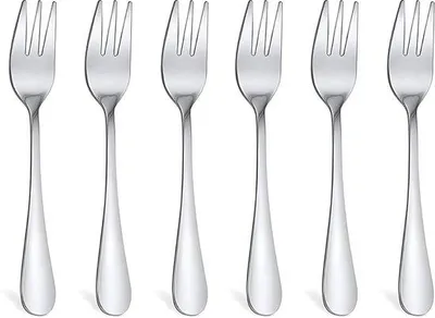Productafbeelding van Ibenzoa® 6-delige set zilverkleurige taartvorken van roestvrij staal, 13,8 cm, hoogglanzend gepolijst – dessertvorken voor taart en catering