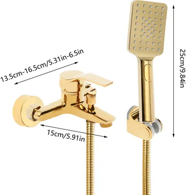 A gold-colored bathtub faucet and showerhead set with measurement indicators.