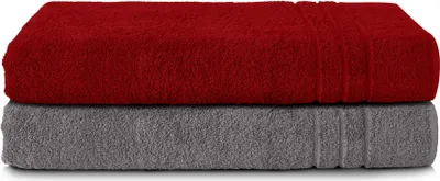 Produktbild von Komfortec Saunatücher, 2er Set, 80x200 cm, Anthrazit Grau/Aurorarot, 100% Baumwolle Frottee, weich & schnelltrocknend, mit Bordüren, für Sauna, Spa & Sport
