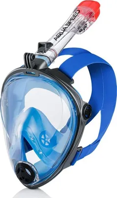 A full-face snorkel mask with a blue strap and a red snorkel mouthpiece.