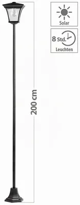 Produktbild von Lunartec Solar Laterne groß: Solar-LED-Gartenleuchte mit 200-cm-Lampenmast und Akku, 15 Lumen (Laterne Garten groß, Solarlaterne Garten, hoch)