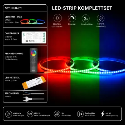 Produktbild von LED Streifen Set RGB Ultraschmal – COB LED Streifen 24V, 5 mm, 10 W/m, 5m, punktfrei – SS60 Netzteil, SM5 Matter Controller und C5 Fernbedienung Schwarz