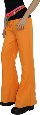 A person wearing orange bell-bottom pants and a black top, with a neon fanny pack around their waist.
