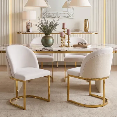 Immagine prodotto di Set di 4 sedie da pranzo Flieks, con gambe placcate in oro, comode, traspiranti, rivestite in tessuto di chenille, ideali per la cucina, imbottite, colore beige e oro
