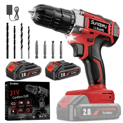 Zdjęcie produktu dla Zestaw wkrętarek akumulatorowych, 21 V, 2 akumulatory 2,0 Ah, moment obrotowy 45 Nm, 25+1 ustawień momentu, uchwyt wiertarski 10 mm