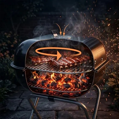 Zdjęcie produktu dla Przenośny grill węglowy z pokrywą i kółkami, czarna stal
