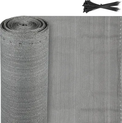 A roll of grey garden screening and a bundle of black zip ties.