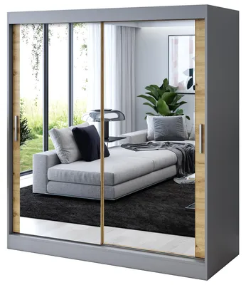 Zdjęcie produktu dla Szafa przesuwna Antracyt Mat /Dąb Artisan - 180x200cm - Szafa przesuwna KARL - z 2 lustrami- do sypialni i garderoby