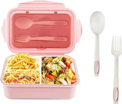 Produktbild von Famanu Lunchbox mit 3 Fächern und Besteck - 1400 ml - auslaufsicher - BPA-frei - für Mikrowelle - rosa