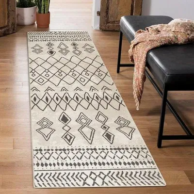Immagine prodotto di Tappetino da cucina Unyqoos® 60x210 cm – tappeto in microfibra morbida, antiscivolo, lavabile, lungo tappeto con motivo geometrico, color beige