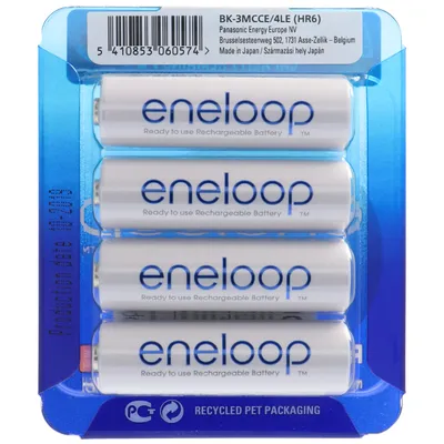 A package of four Panasonic eneloop rechargeable AA batteries.